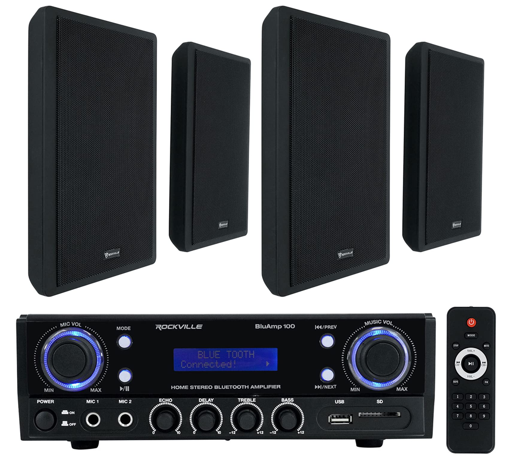 Rockville BLUAMP 100 Home Stereo Receiver Amplifier Bundle with (4) Rockville RockSlim Black Home Theater 5.25