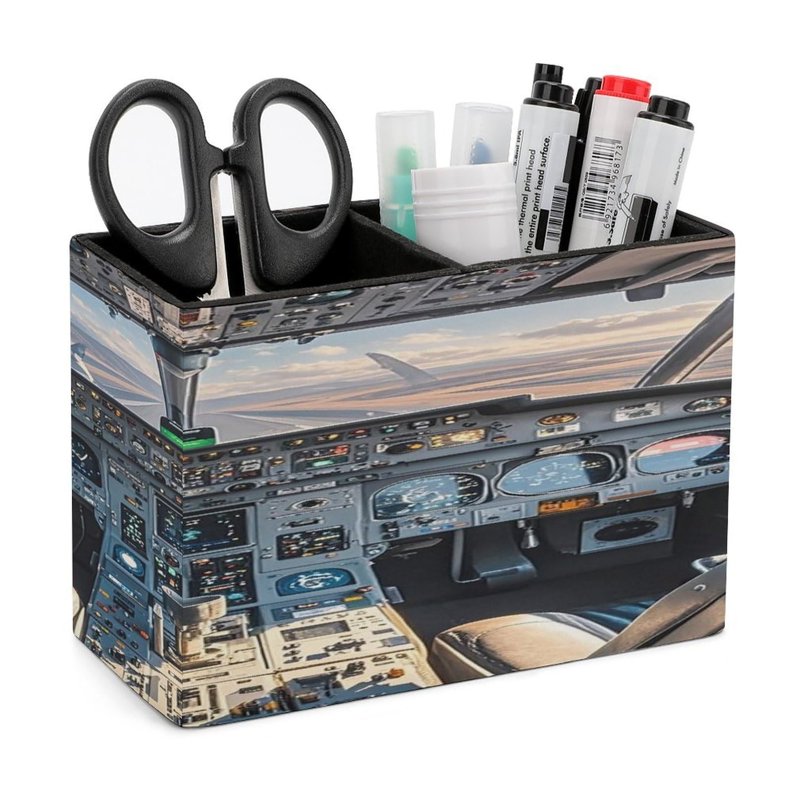 FekiLoot Airplane Cockpit Pen Holders for Desk Small Remote Control Holder Leather Pencil Cup with Double Compartments Desktop Organizer for Table Desk Office Space Saving