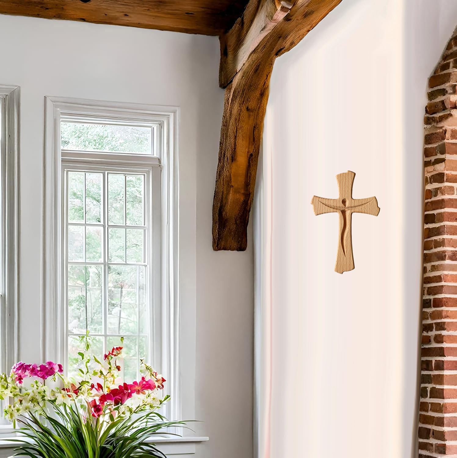 Croix murale crucifix en bois de hêtre véritable 20 cm moderne