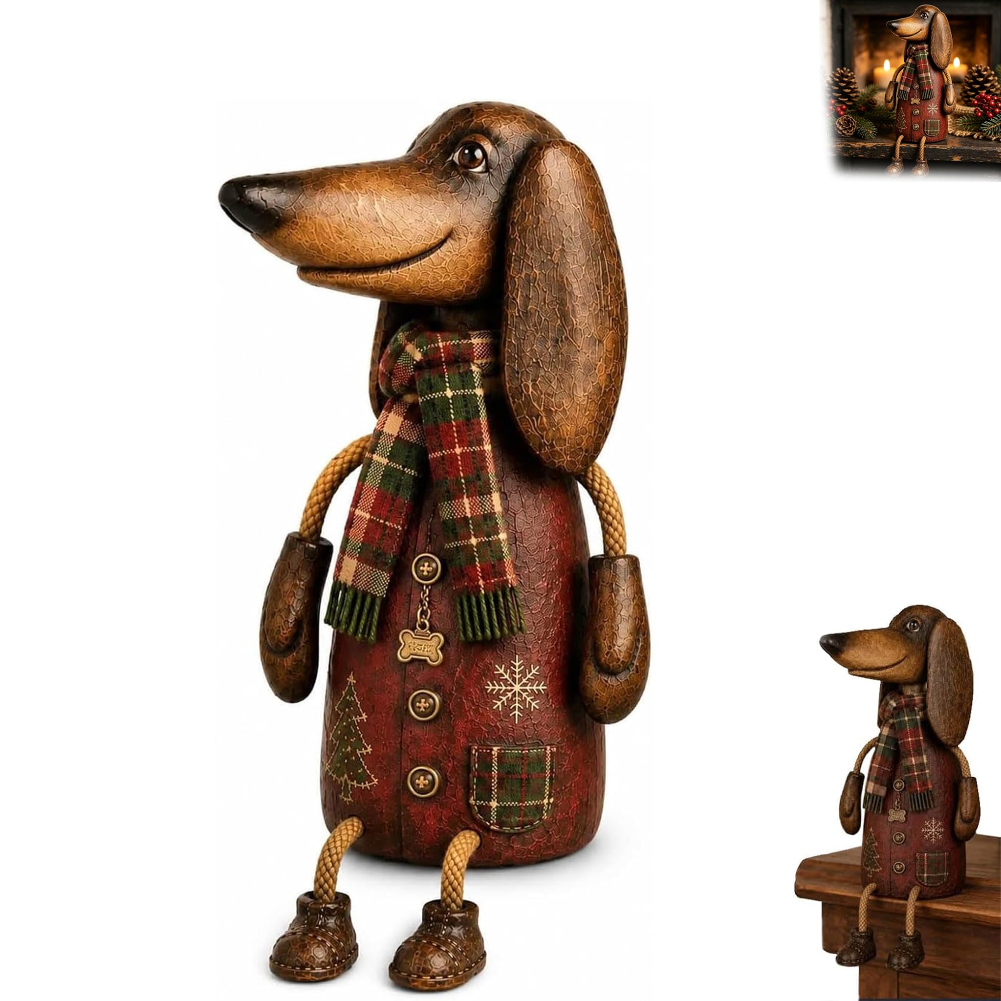 Vintage Christmas Dachshund Shelf Sitter Figurine with Plaid Scarf (1)