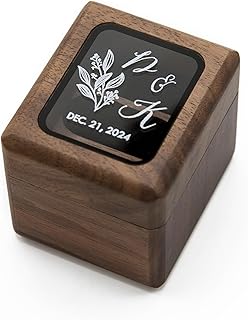 MUUJEE Triple Flip w/Glass Lid (Design 1) - Custom Wood Engagement Promise Ring Wedding Band Box Storage with Clear Top & Velvet Foam, Wood Anniversary, 3 Slot Rings, Floral Design, 2.25 x 2 x 2