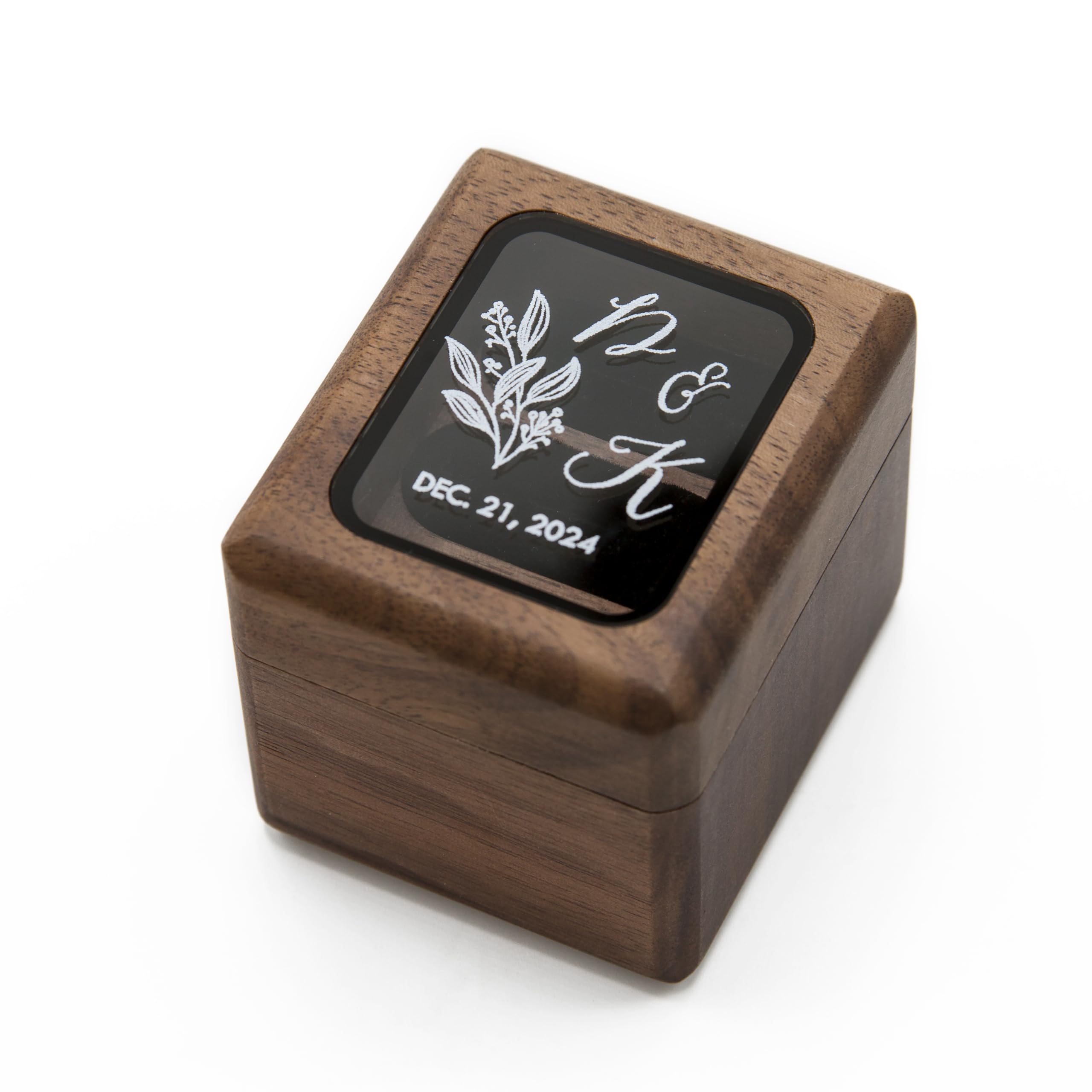 Triple Flip w/Glass Lid (Design 1) - Custom Wood Engagement Promise Ring Wedding Band Box Storages with Clear Top & Velvet Foam, Anniversary Gift for Wife, 3 Slot Rings, Floral Design, 2.25 x 2 x 2