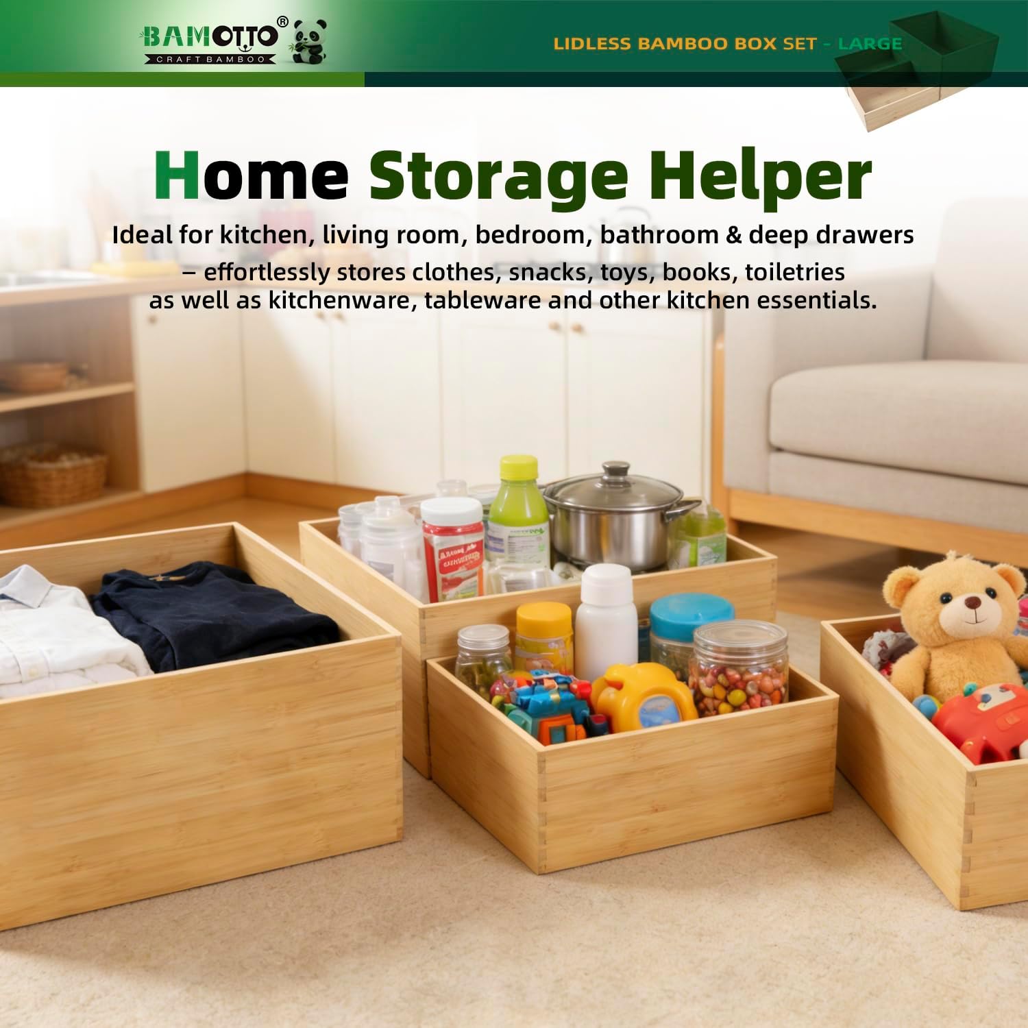 3-Piece Large Bamboo Storage Box Set - 7.1in High Stackable Deep-Drawer Organizer, Lidless Bamboo Bin for Kitchen Cutlery Utensils Knives (14.6"x10.2"x7.1"*1 + 10.2"x7.3"x3"*2) - Image 4