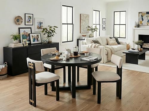 Miniatura 9 de Juego de 6 Sillas de Comedor de Madera con Lino, Sillas Modernas de Estilo Casa de Campo para Comedor y Cocina con Respaldo Curvado y Patas de Lino