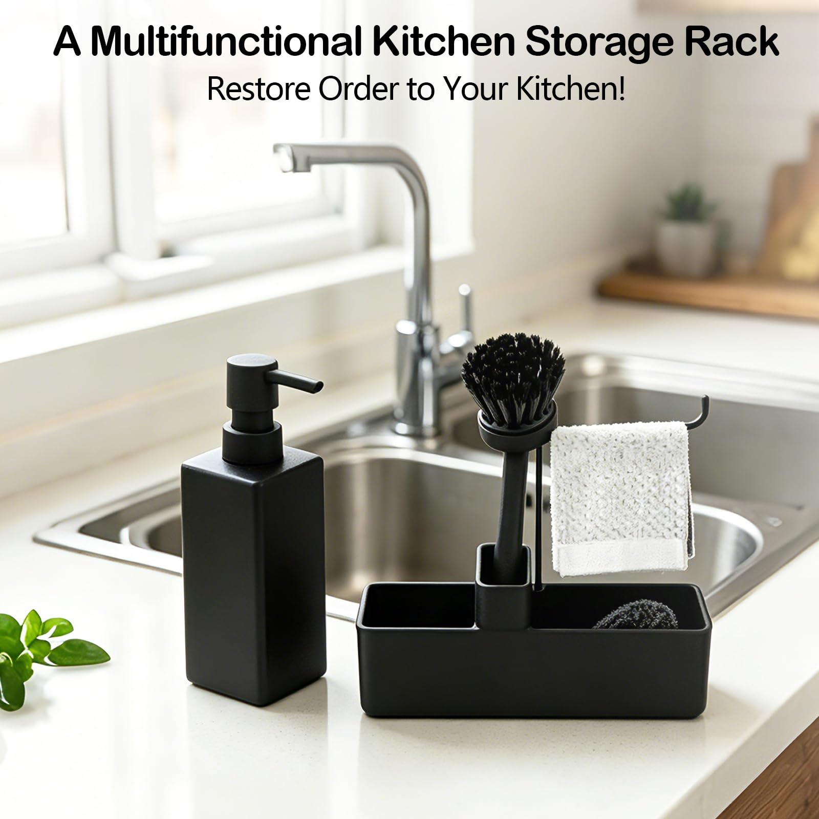 Set organizer per lavello nero a 5 pezzi, con 2 bottiglie, 1 scatola di stoccaggio, 1 spazzola e 1 pallina pulente, ideale per cucina o bagno