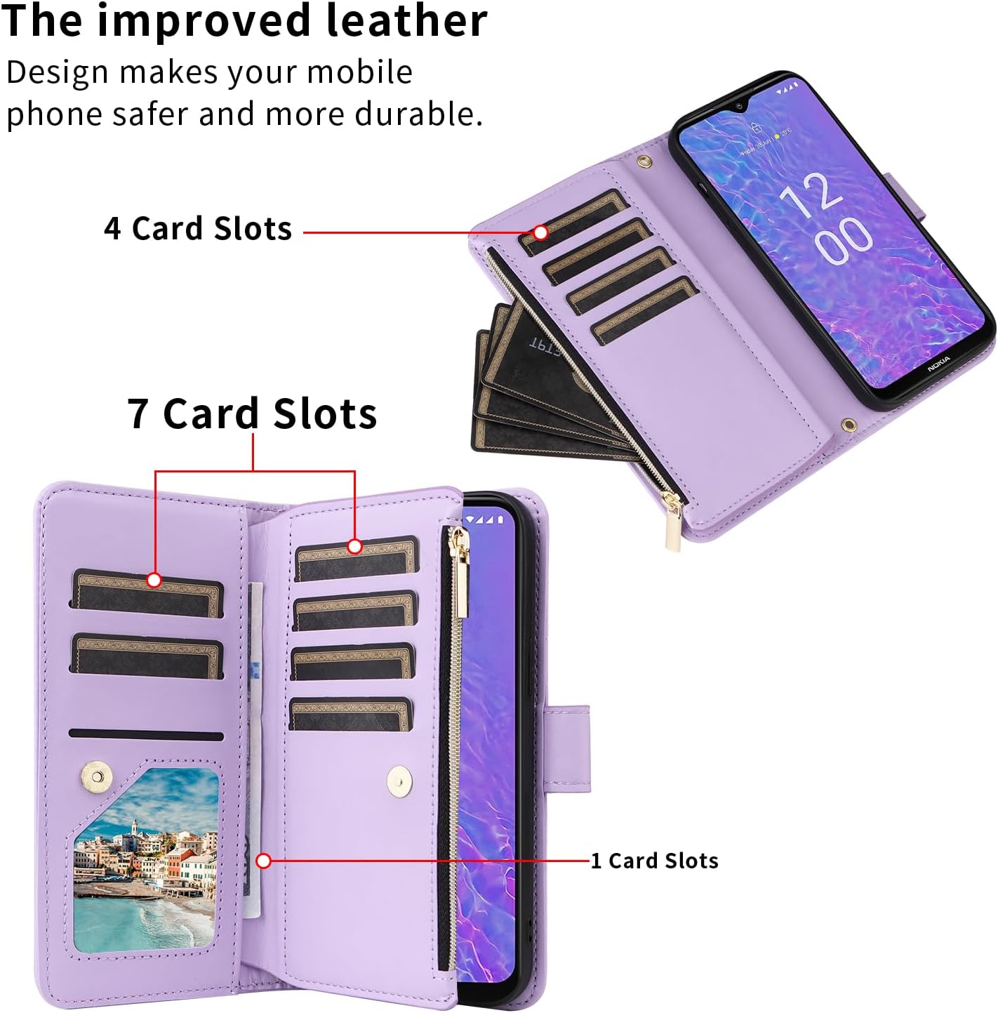 Wallet Case for Nokia C210 TA-1584 with Wrist Strap Crossbody Shoulder Strap Luxury PU Leather Flip Zipper Purse Card Holder Slots Protector Stand Cell Accessories Phone Cover C210 Girls Purple image 2