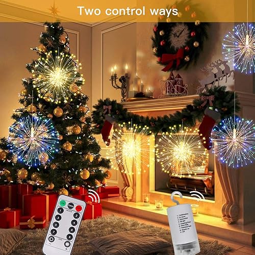 Miniatura 2 de Cadena de luces de hada que simulan fuegos artificiales, 120 LED de 8 modos de luz regulable con control remoto, alambre de cobre impermeable para