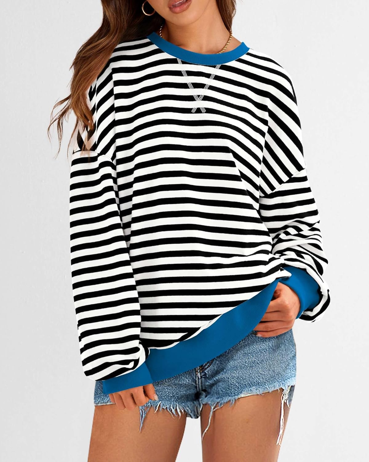 BTFBM Womens Oversized Striped Sweatshirt 2026 Spring Crewneck Long Sleeve Pullover Top Casual Y2K Clothes Workout Shirt - Image 4