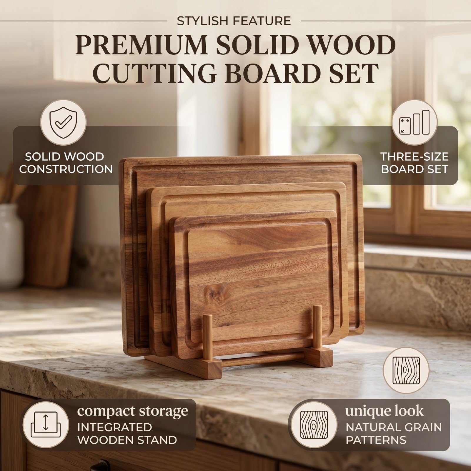 GOWENIC Juego de 3 Tablas de Cortar de Madera Maciza con Soporte de Madera, Tablas de Cortar Embutidos para Cocina, de Servir de de Primera Calidad con Patrones Llamativos, Regalo Ideal para