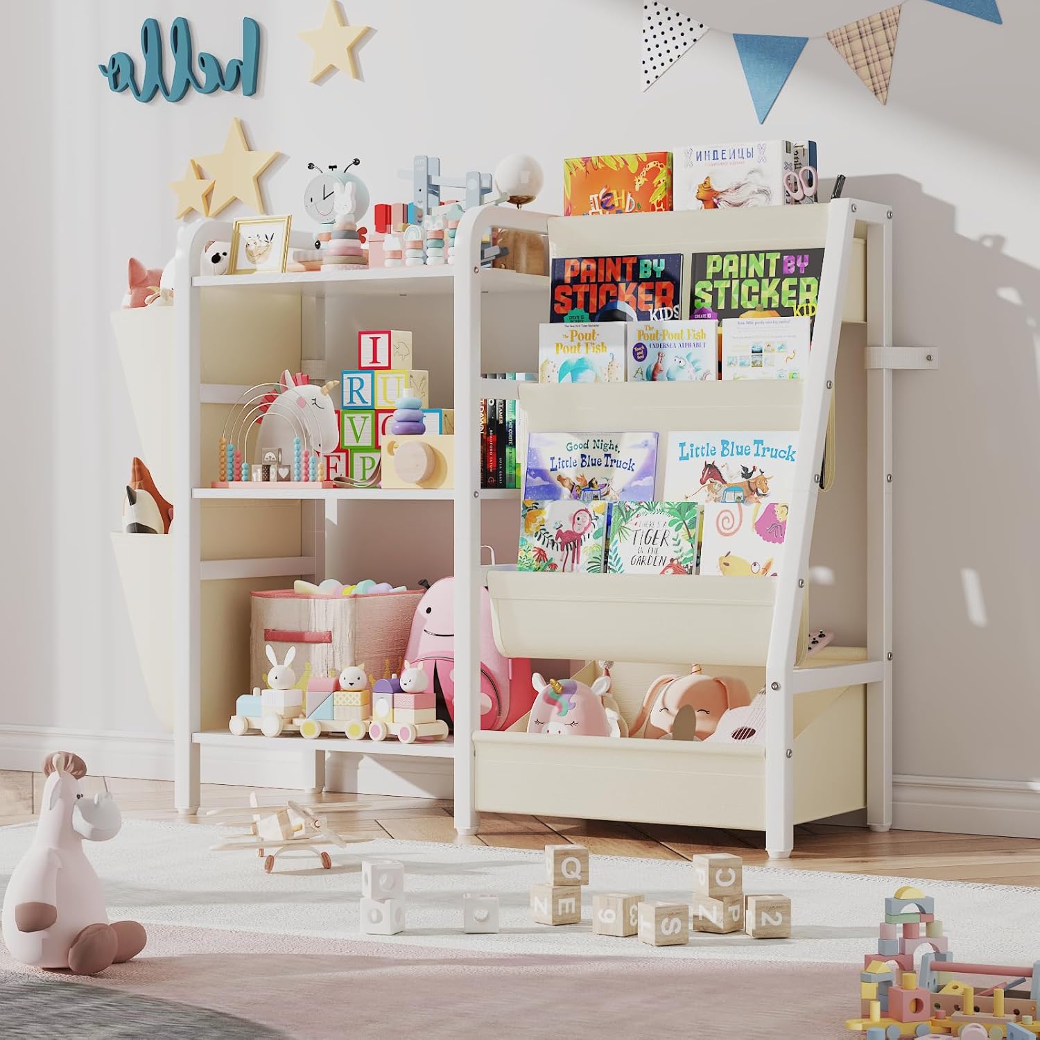 B3 Kids Bookshelf and Toy Storage, Book Shelf for Kids Rooms, Toddler Bookshelf for Small Spaces, 3-Tier Sling Montessori Baby Bookcase for Nursery, Bedroom, Playroom, White