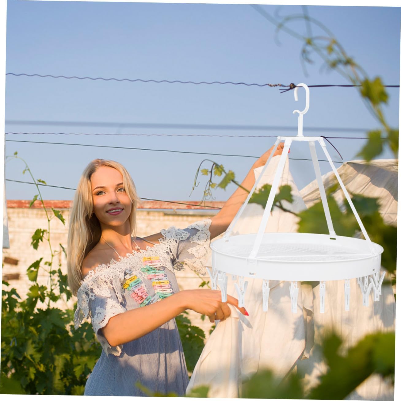 VICASKY Windproof Foldable Clothes Drying Rack for Socks and Underwear, Single-Layer White Hanger for Balcony Laundry Storage