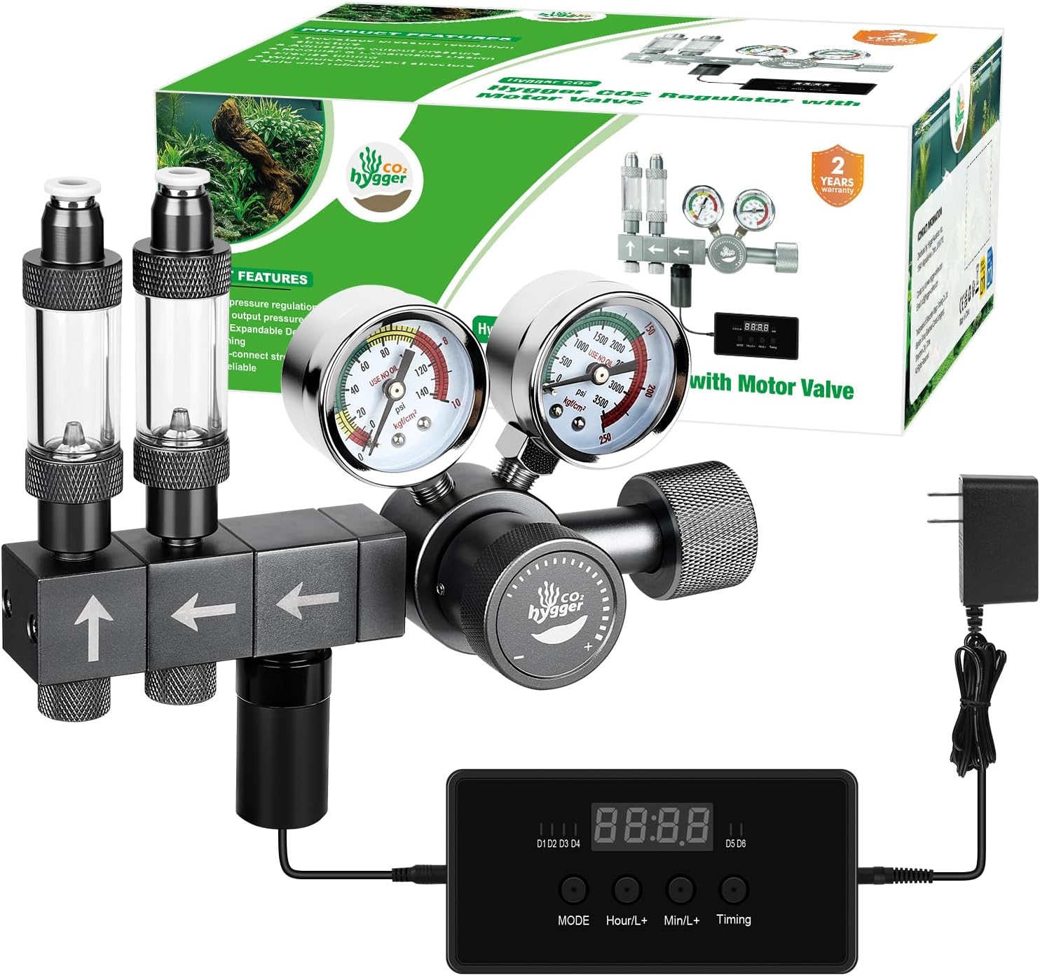 Upgraded Aquarium CO2 Regulator with Motorized Valve, Dual Stage Adjustable Pressure, Expandable for Two Tanks, Includes Timer and Bubble Counters for CO2 Aquarium System