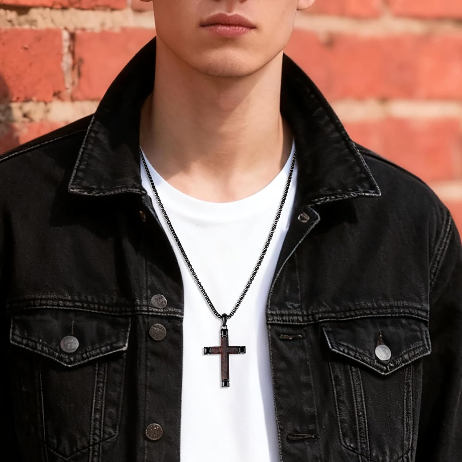 Cross Necklace for Men -Stainless Steel & Wood Adjustable Box Chain 24-26in, Spiritual Jewelry Gift for Him, Everyday Wear - Image 3