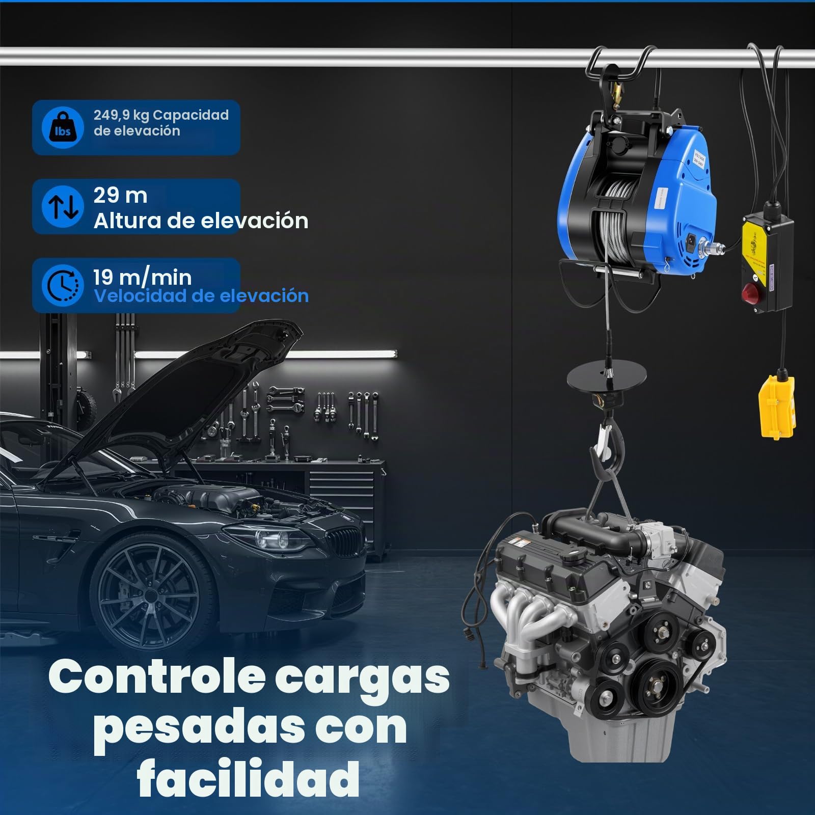 Cabestrante eléctrico RainWeel de 1500W 220V Polipasto Eléctrico 250kg 30m con cable de acero antitorsión Altura de elevación: 29m Mando por cable/control remoto