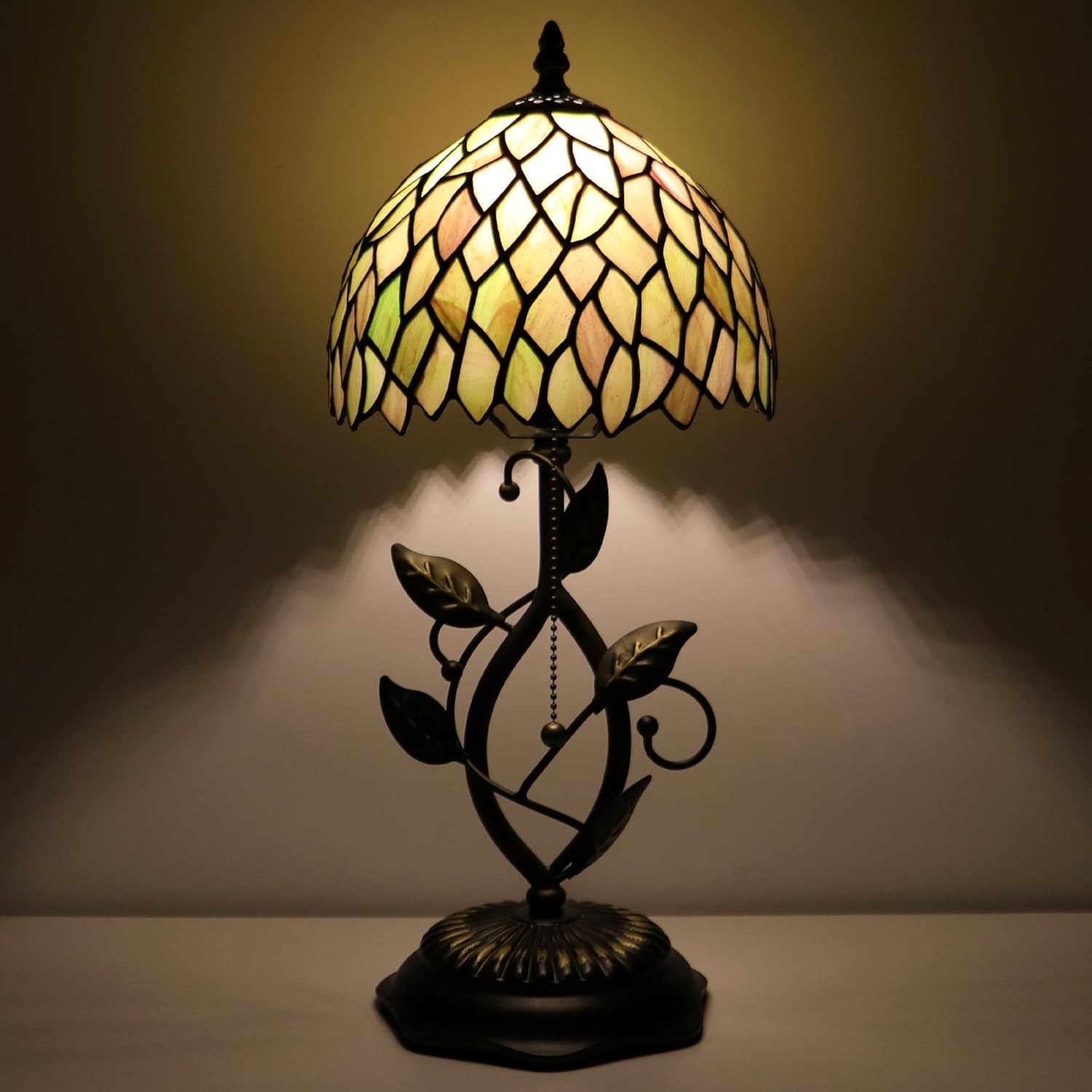 Small Tiffany Lamp Brown Green Leafage Style Stained Glass Table Lamps Desk Bedside Reading Light 8X8X18 Inches with Bronze Metal Leaf Resin Base