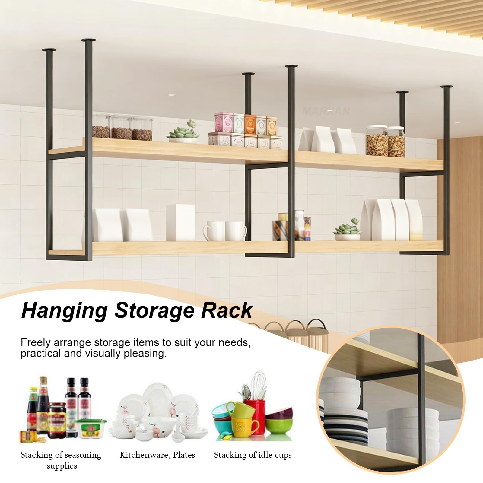 MARXAN Support de Rangement Suspendu en Bois Massif en métal pour Bar/Restaurant/Maison – étagère de Plafond pour Verres à vin, Bouteilles et Plantes