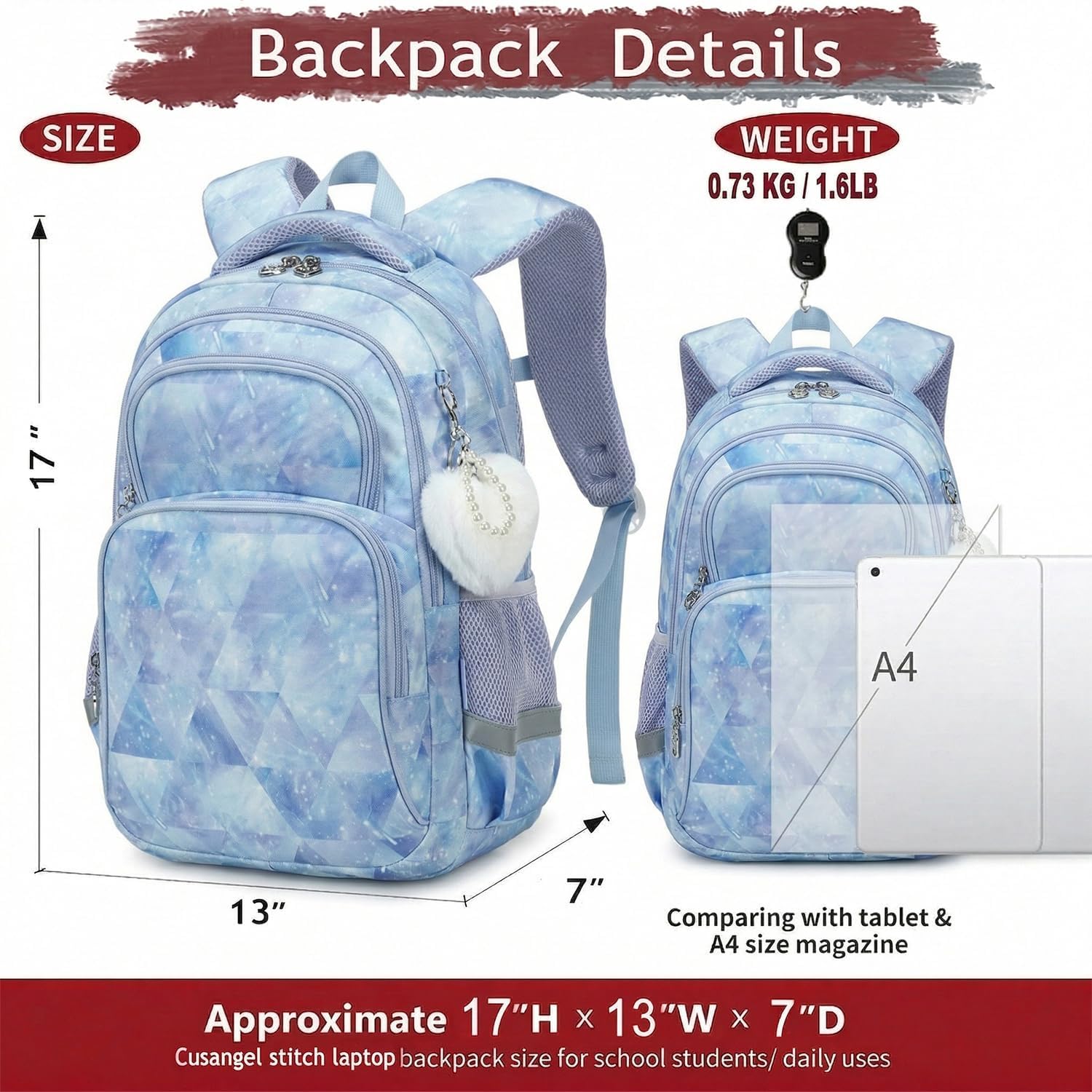 Cusangel School Backpcak for kids Girls Boys,16 Inch BookBag for 7-12Ages Day travel, Water Resistant, 7 Pockets, stitch Adjustable Chest Strap, Reflective Strip, Large (Blue-17in)