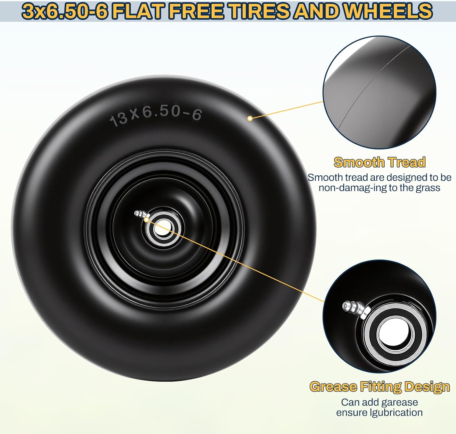 13x6.50-6 Flat Free Lawn Mower Tires and Wheel, 13x6.50-6 Solid Smooth Replacement Front Tires for Zero Turn Lawn Mowers, with 3/4" & 5/8" Bearings, 4"- 8.2" Centered Hub, 2 Pack