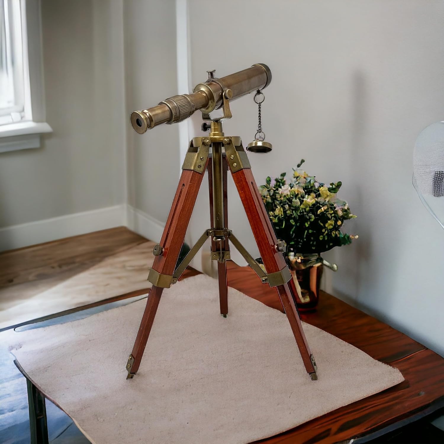 FYNJREX Nautical Brass Antique Telescope with Wooden Stand Home Decor Gift Rustic Vintage Home Decor Gift