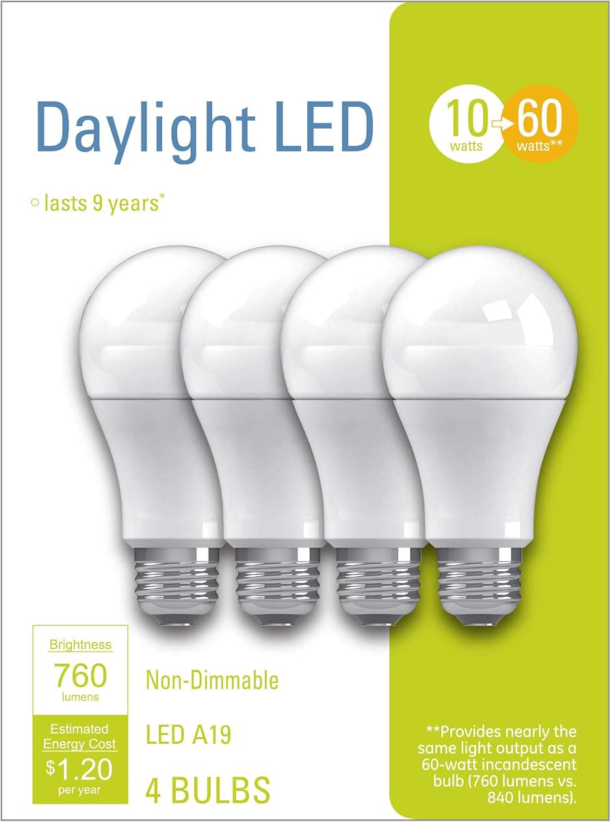 GE Lighting LED Light Bulbs, 60 Watt Eqv, Daylight, A19 Standard Bulba, 4 Count (Pack of 1)