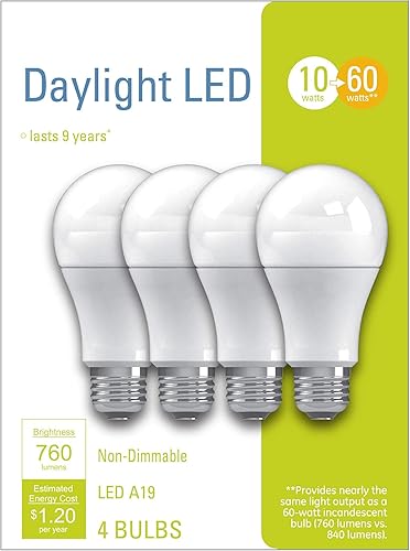 GE Bombillas LED de iluminación, 60 W Eqv, luz diurna, bombilla estándar A19, 4 unidades (paquete de 1)