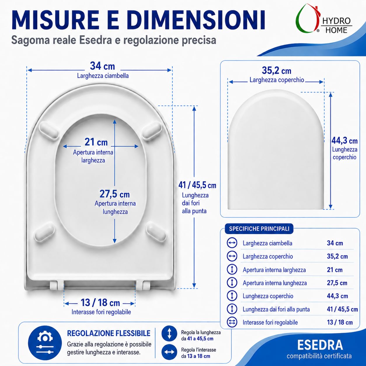HYDRO HOME Copriwater Compatibile Esedra Ideal Standard Soft Close per Fori Ciechi, Sedile WC Termoindurente Bianco, Tavoletta Avvolgente con Cerniere Regolabili, Ricambio Bagno