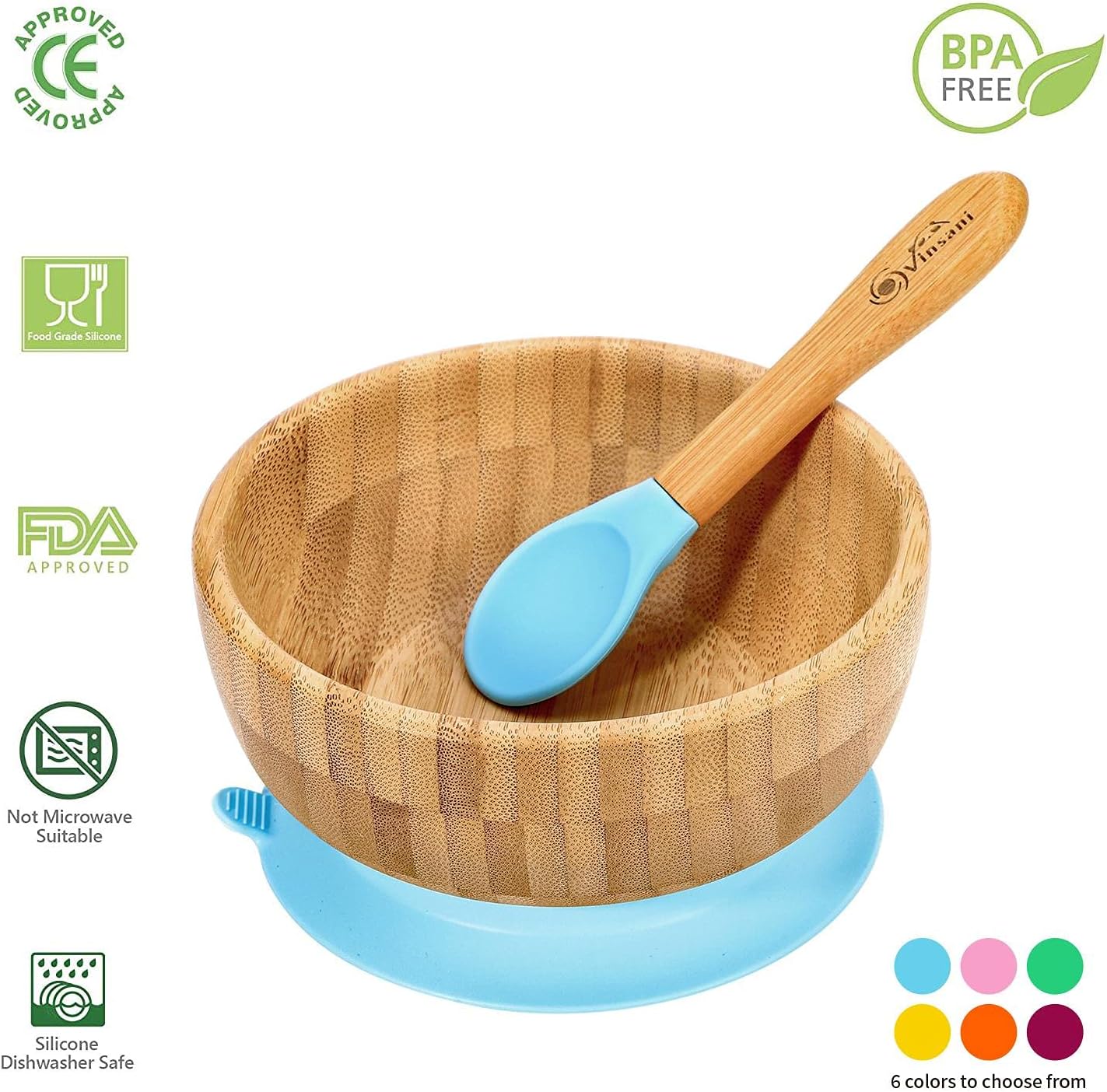 Vinsani Bamboo Bowl and Spoon Set for Baby/Toddler, Suction Plate, Stay-Put Design, Hypoallergenic and BPA-Free (Blue) - Image 3