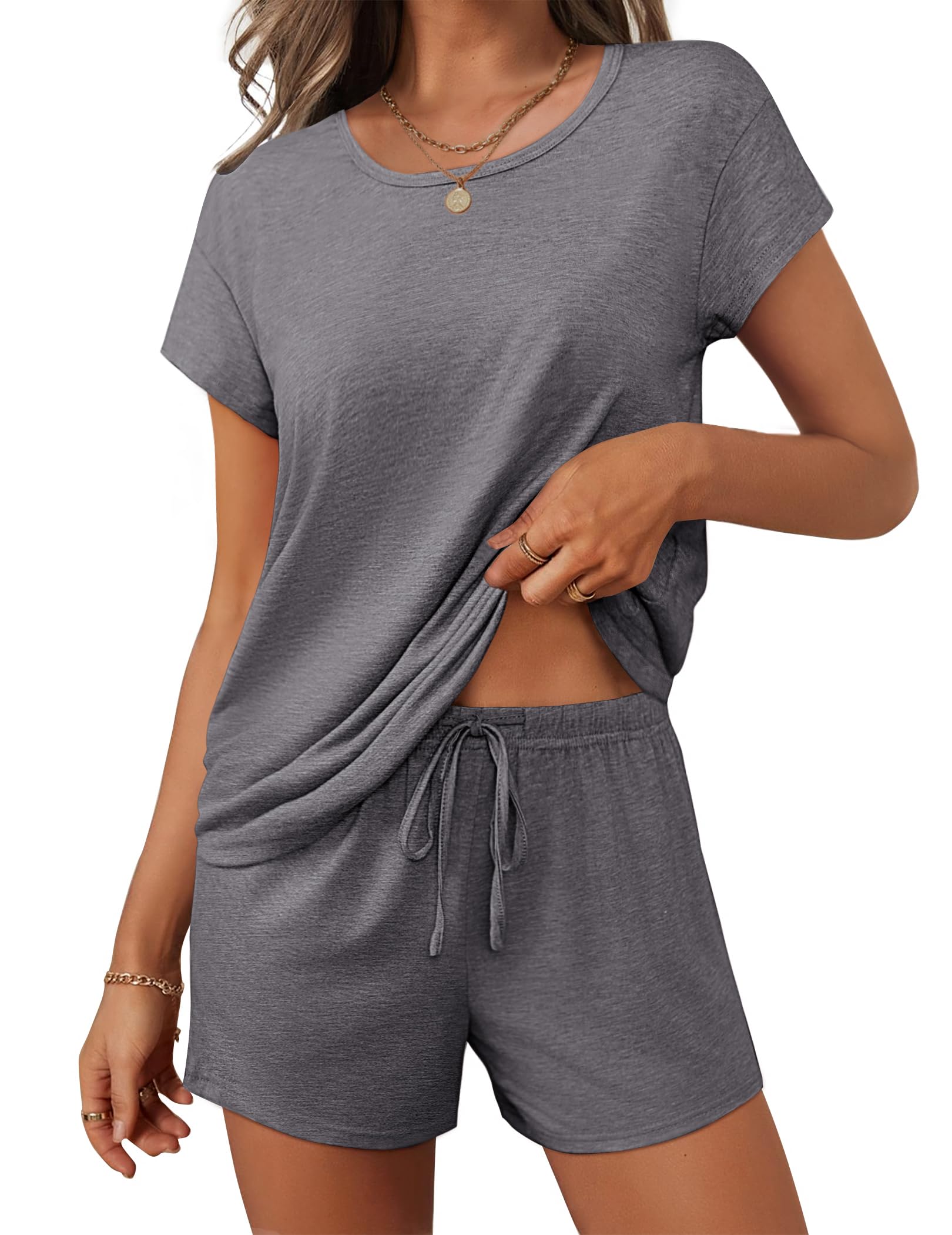 Ekouaer Women 2 Piece Pajamas Set Short Sleeve Comfy Lounge Set Round Neck Tops and Shorts Pjs with
