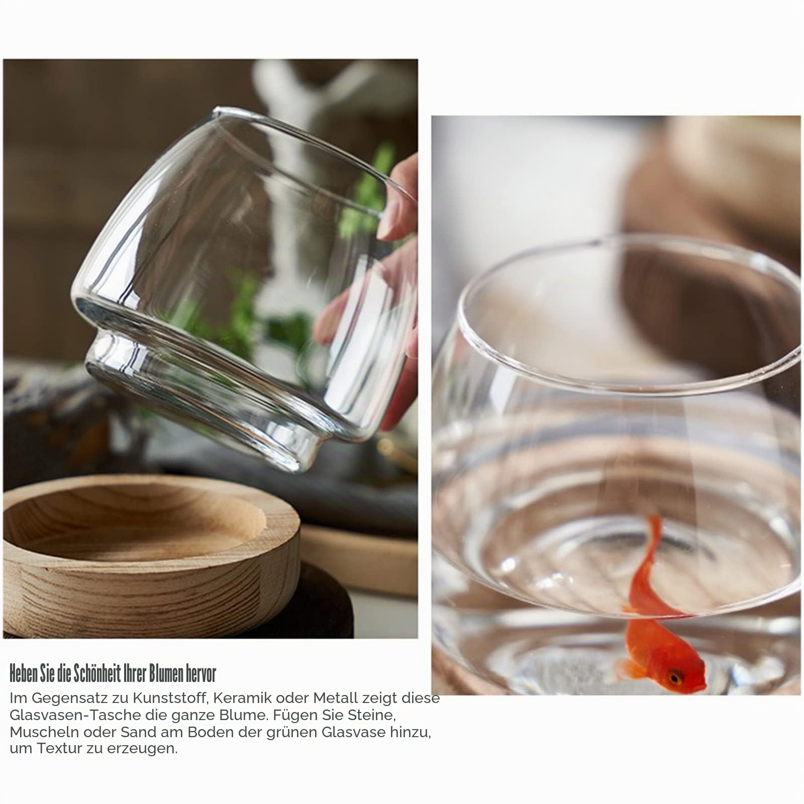 TITA-DONG Glas-Fischglasvase mit Abnehmbarem Holzsockel, Kleine Desktop-Glas-Fischglasvase, Hydrokultur-Pflanzen-Terrarium, ökologisches Aquarium, Glas-Blumenvase für Betta-Fische und Goldfische(A)
