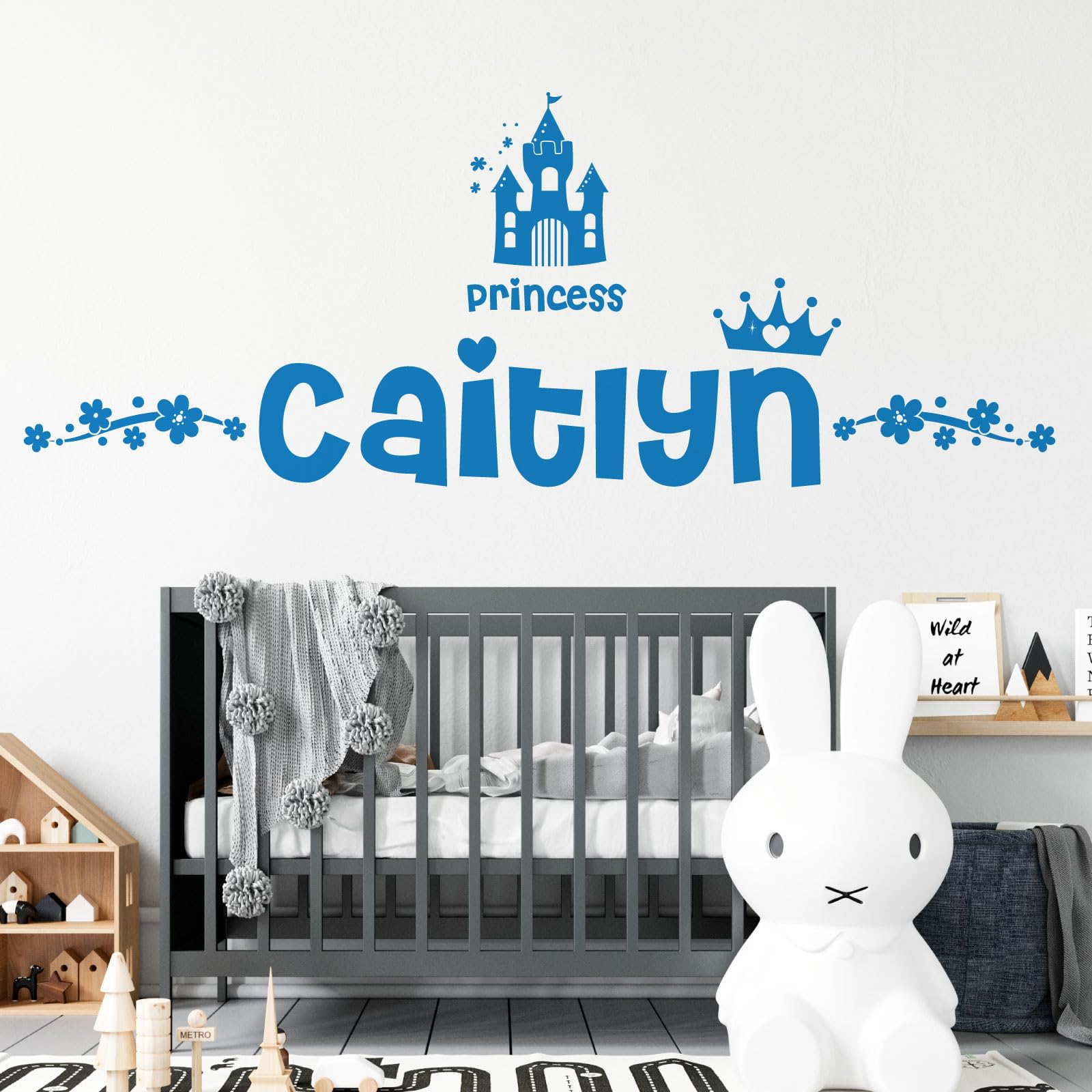Personalised Name Girls Wall Art Sticker - Princess Disney Castle Crown Floral Motive [Large] [Ocean]