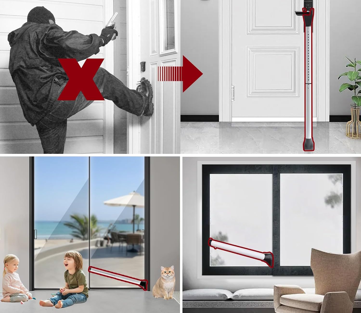Barra de seguridad para puerta ajustable paquete de 2 – Refuerzo portátil para hogar, apartamento y viajes, tope de puerta resistente con apoyo en el suelo