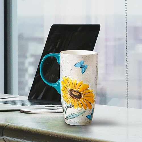 Miniatura 3 de Taza de café de viaje de cerámica con tapa y asa para el hogar y la oficina, taza de té alta de porcelana de 17 onzas con caja de color, flor de