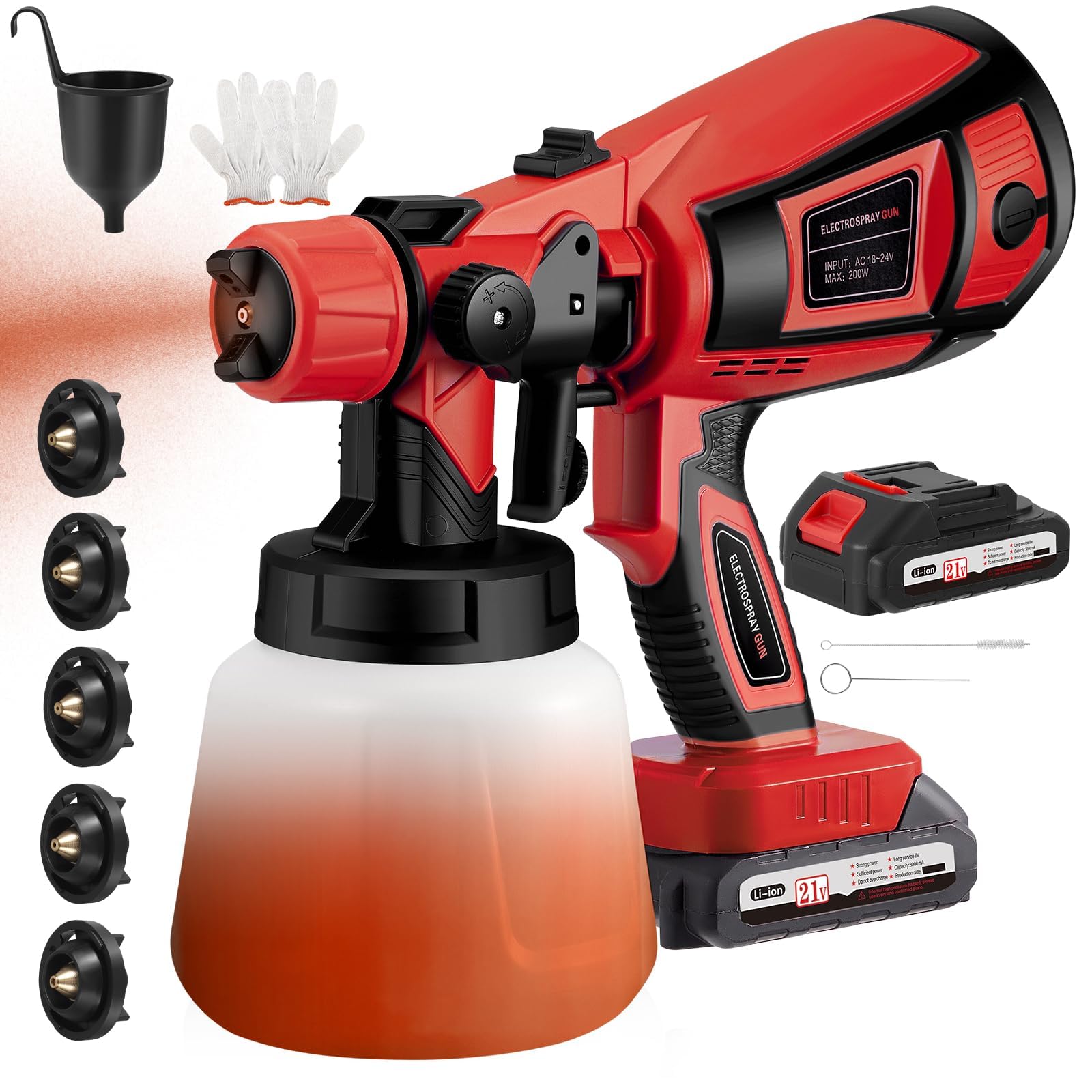 Spruzzatore di Vernice senza Fili,Spruzzatore Elettrico HVLP per r Vernice, 21V Senza Fili con 2x 3000 mAh Batterie, 5 Ugelli e 3 Modalità di Spruzzo, Pittura di Case, Pareti, Recinzioni