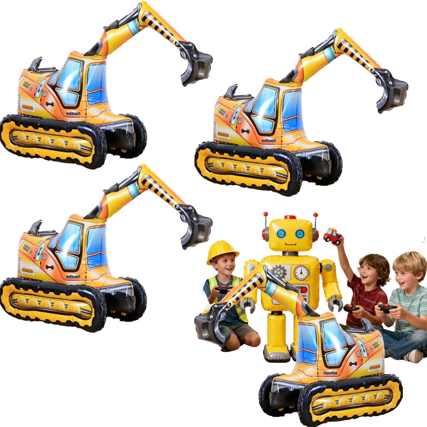 3PCS Self-Standing Excavator Balloon 38.2″ × 26.8″ – Large 4D Foil Construction Excavator Party Decoration, Easy to Inflate, Birthday, Shower & Construction Theme Supplies