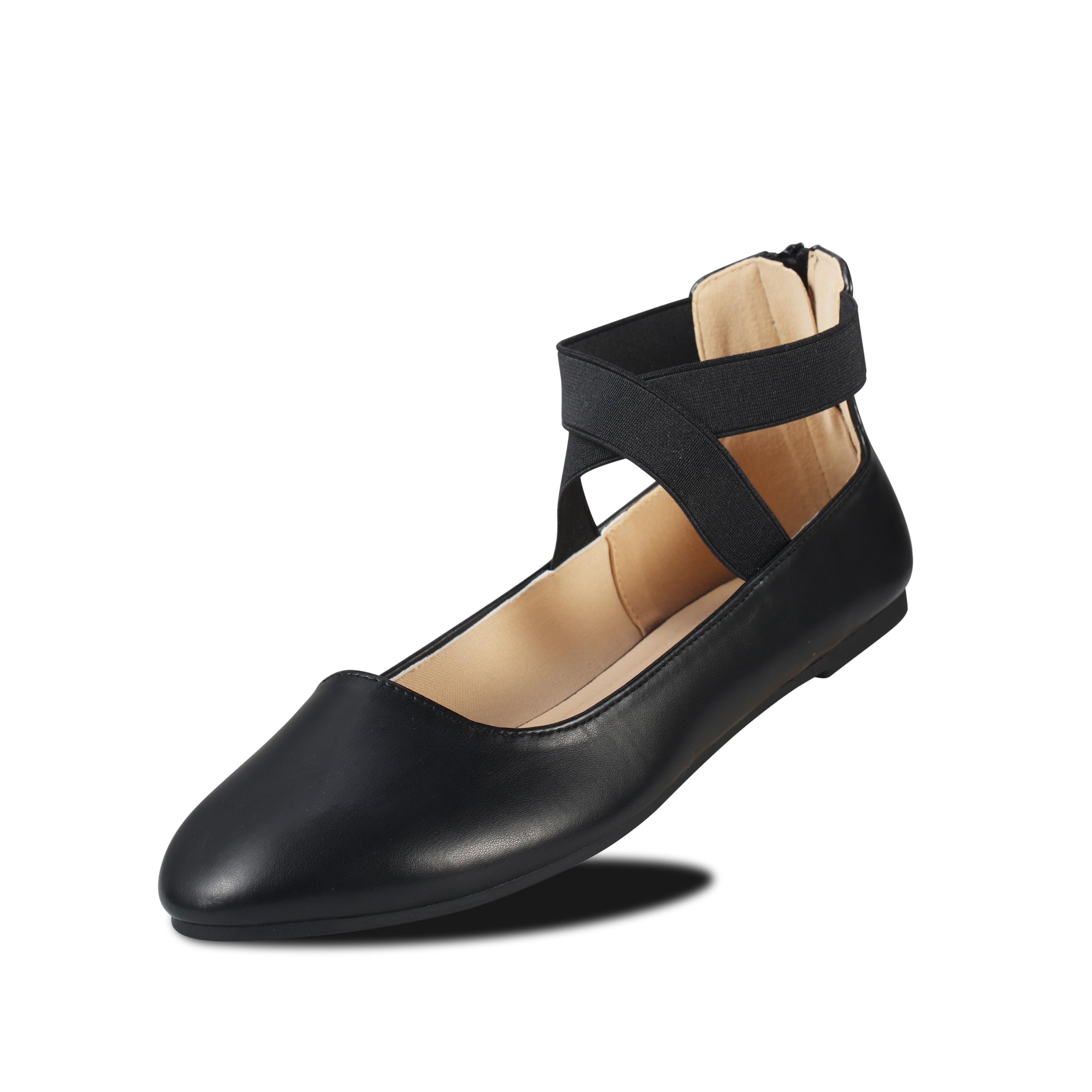 EMMA NEW YORK Ankle Strap Flats for Women, Women Flat Ballerina Shoes, Women's Ballet Flats with Strap (Pu Black, 8)