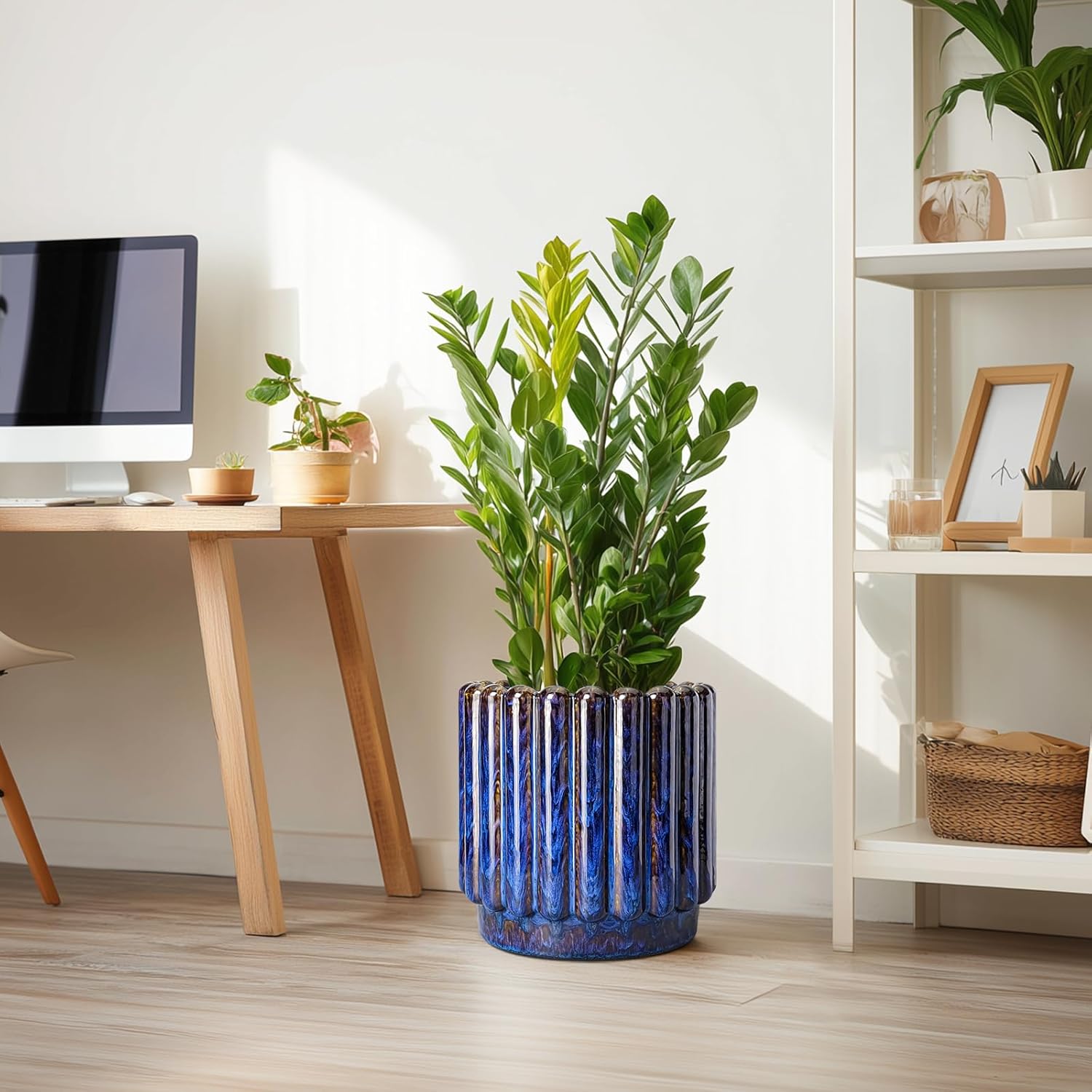 12 Inch Pots for Plants - Ceramic Planter Indoor Outdoor, Large Ceramic Flower Pots with Drainage Hole, Fluted Modern Round Planter, Living Room Home Decor, Gifts for Plant Lovers, Blue