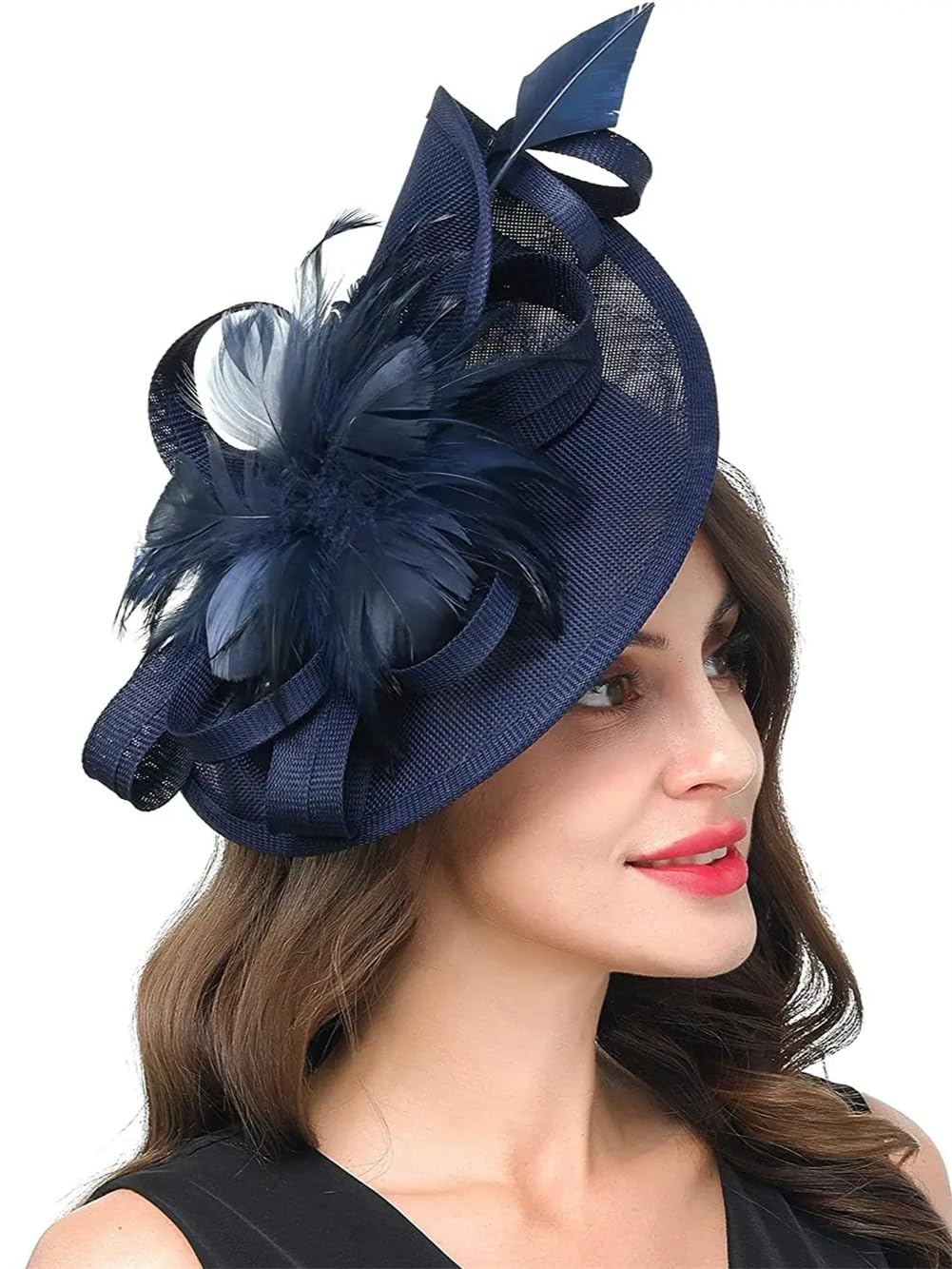 Tocado para Mujer, Tocado para Fiesta de té, Tocado de Plumas y Flores, Tocado de Boda (Azul Marino, Talla única)