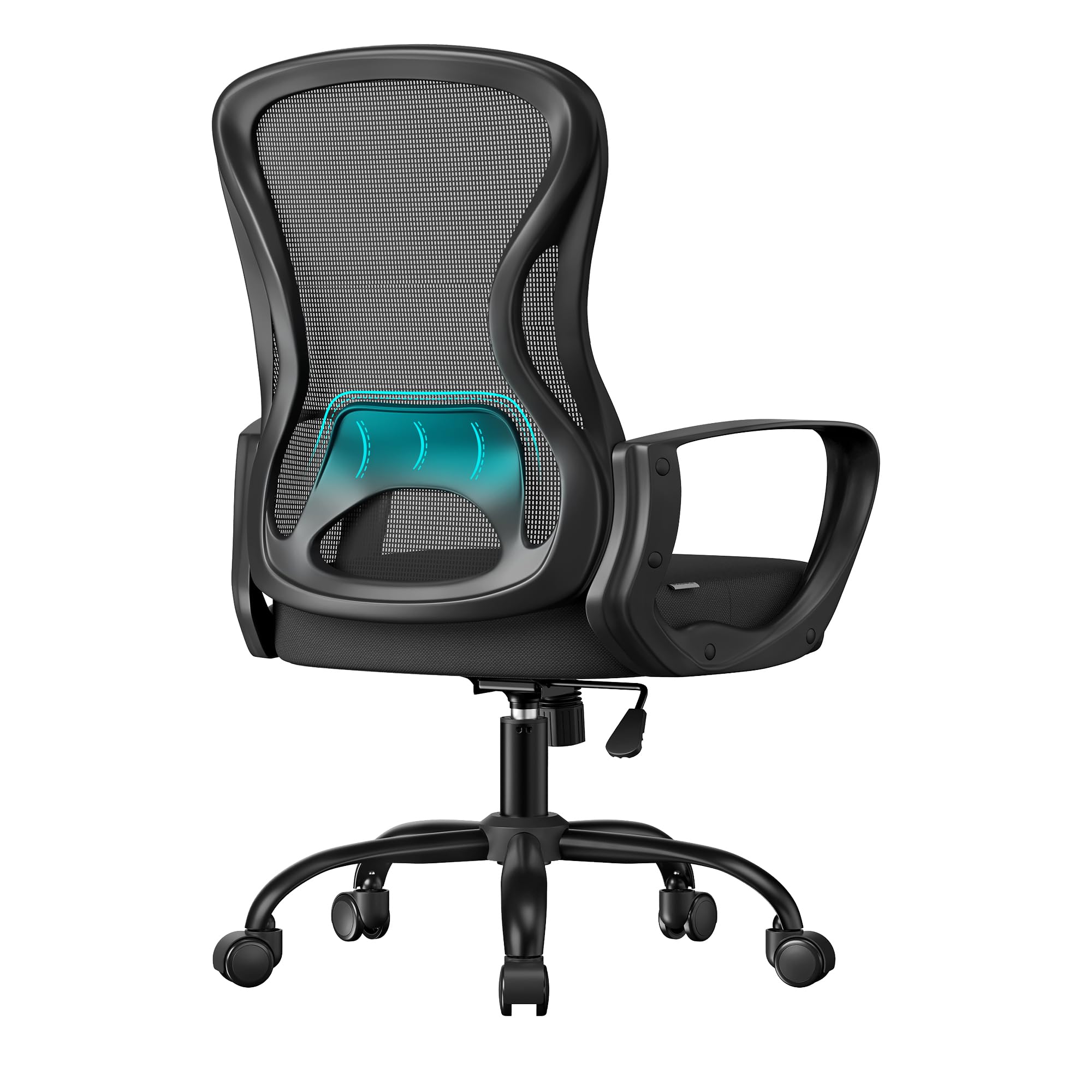 SONGMICS Ergonomiczny fotel biurowy, obrotowy z siatkową tkaniną, fotel biurowy z podparciem lędźwiowym, funkcją bujania, podłokietnikami, do gabinetu, sypialni, czarny atrament OBN043BH02