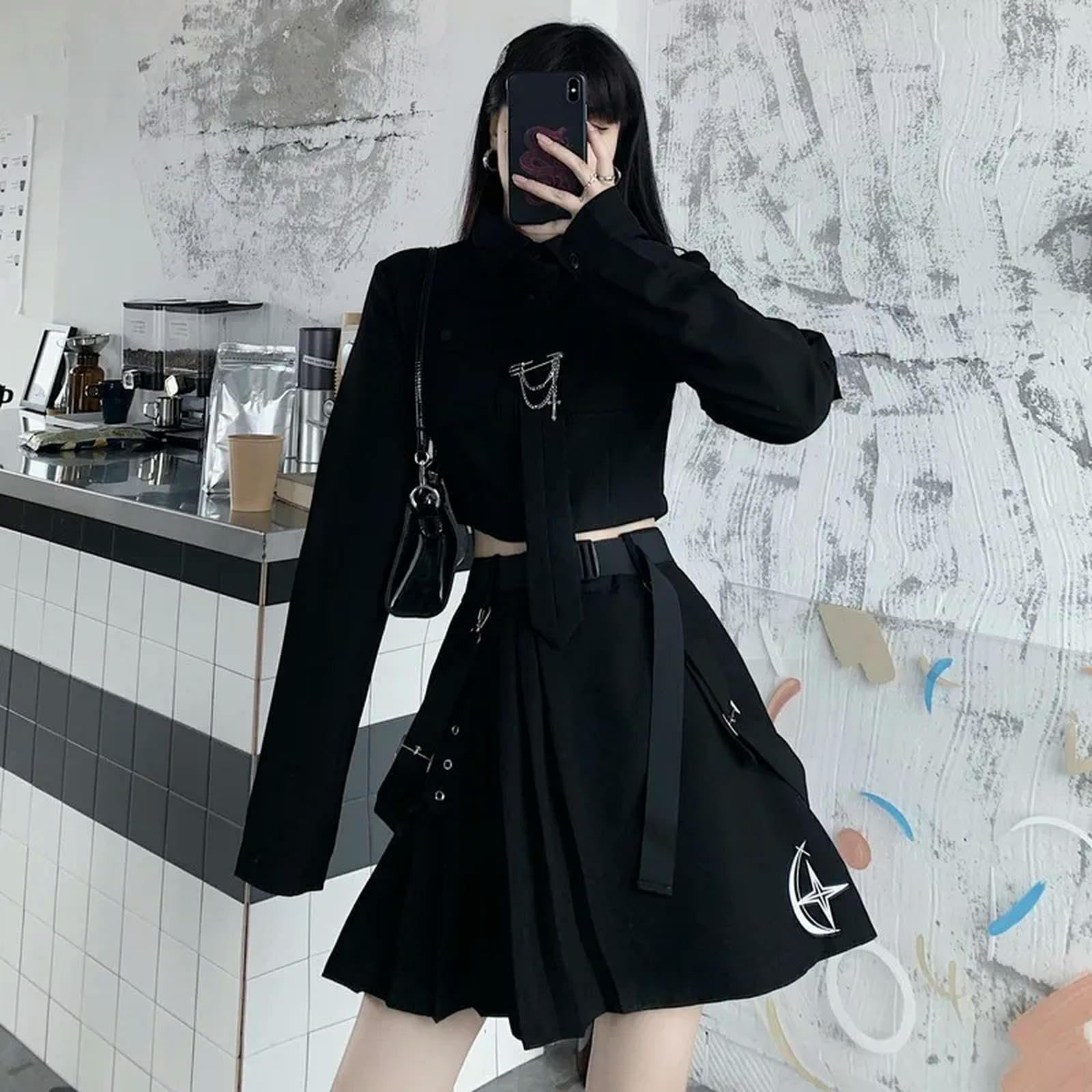 WEITING Gothic-Kleidung für Damen, Faltenrock, Langarm-Shirt, zweiteiliger Anzug, Harajuku, Vintage, koreanischer Punk-Stil, schwarzes Set, Kleid-zweiteiliger Anzug-XL