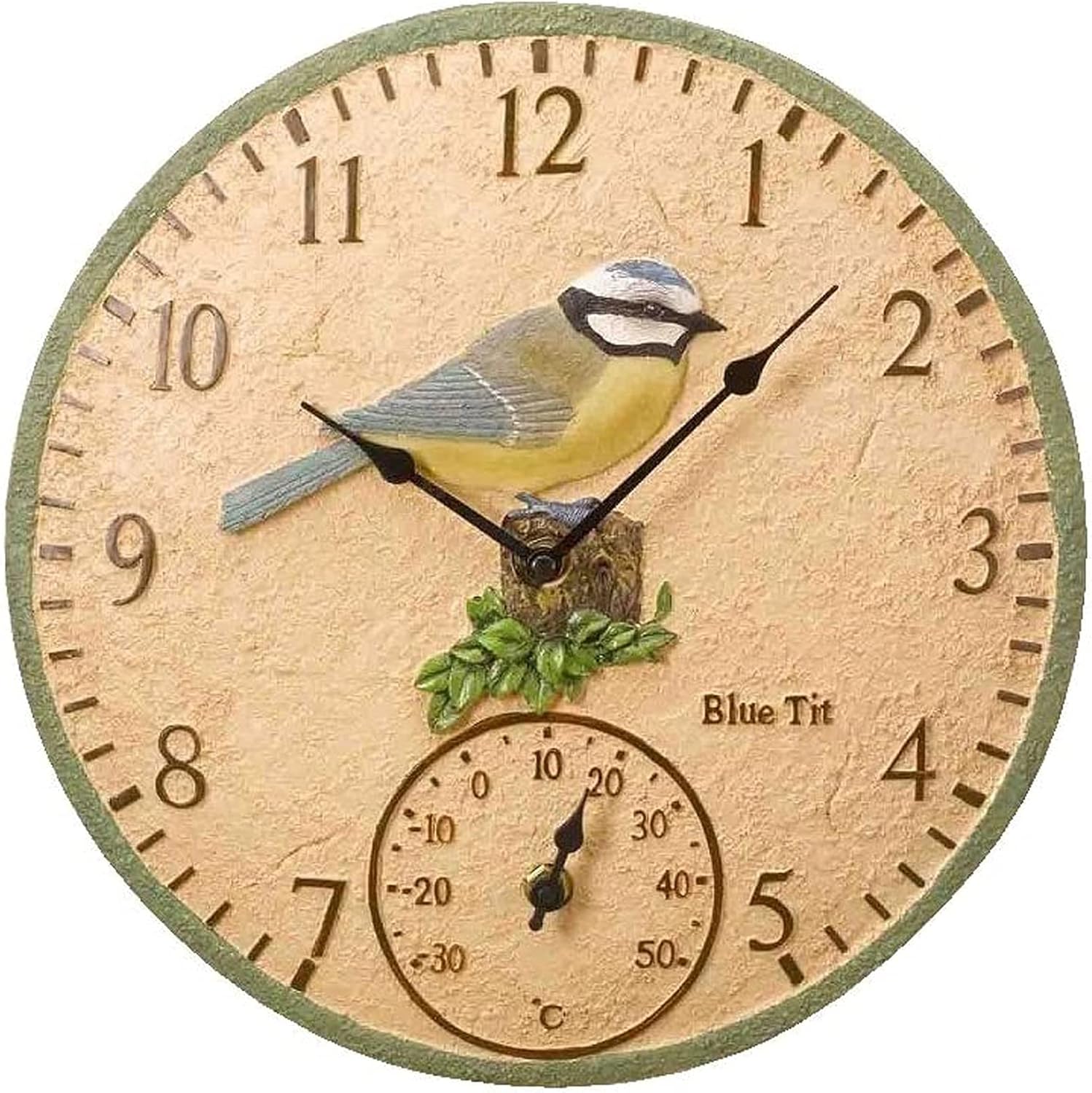 Garden Clock， 12 Inch 3D Three-Dimensional Flower and Bird Resin Clock, Garden Balcony Outdoor Decoration Waterproof Wall Clock, Garden Wall Clock with Thermometer