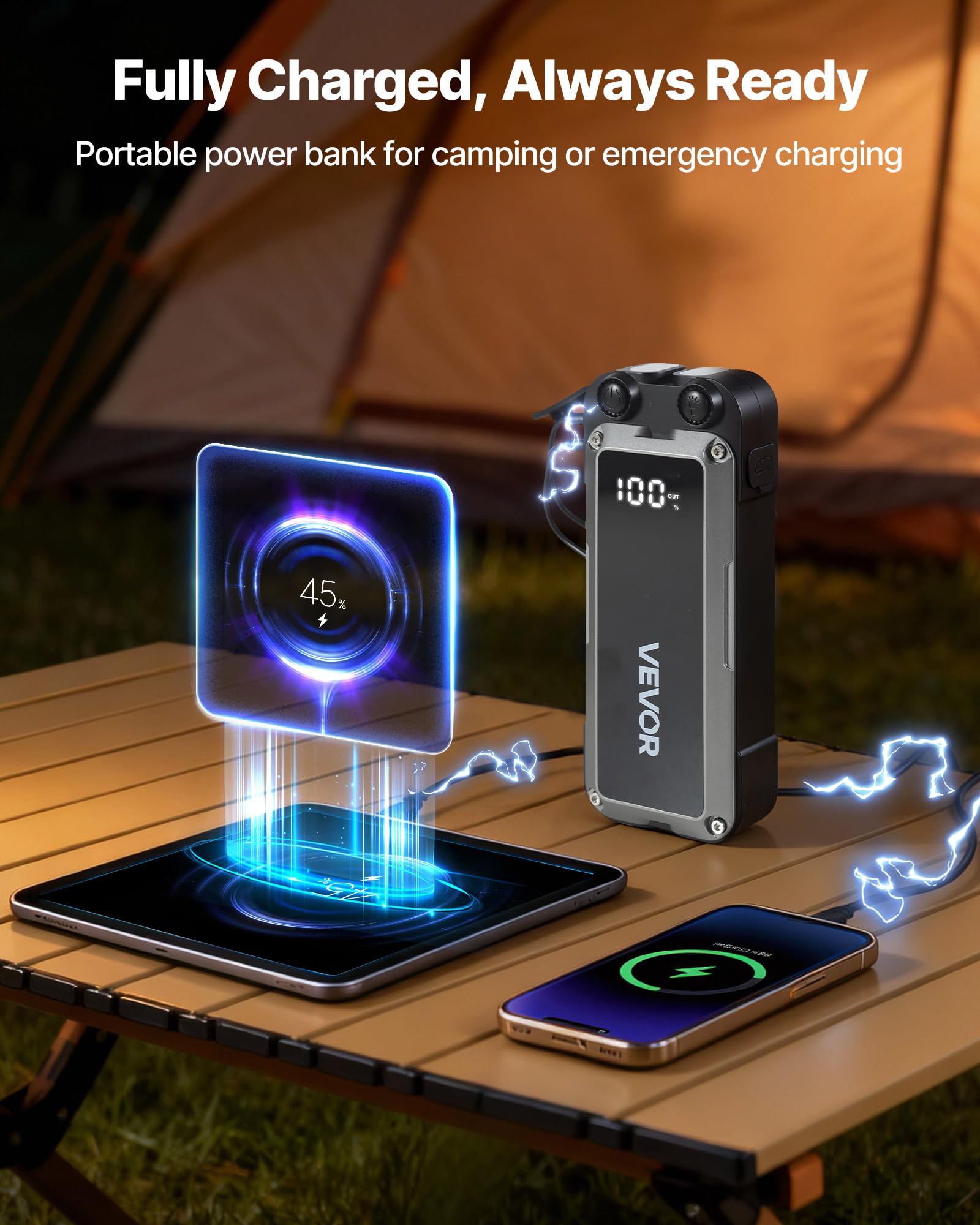 VEVOR Arrancador de Batería 4500A Pico 24000mAh, Arrancador de Baterías de Coche 12 V, Gasolina 10L, Diésel 8L, Banco de Energía Portátil USB, Linterna 3 Modos, 12 Protecciones para Moto Camión Barco