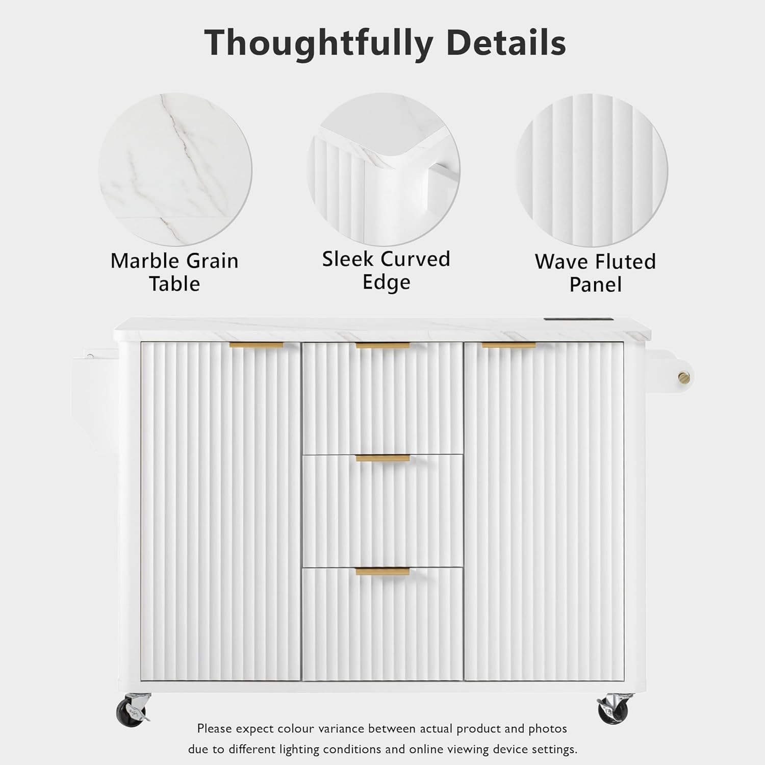 Large Fluted Kitchen Island with Storage, 55.5" Rolling Island Table with Faux Marble Top Drop Leaf, Power Outlet, 2 Door-Cabinet, 3 Drawers, Rose Gold Handle for Dining Room