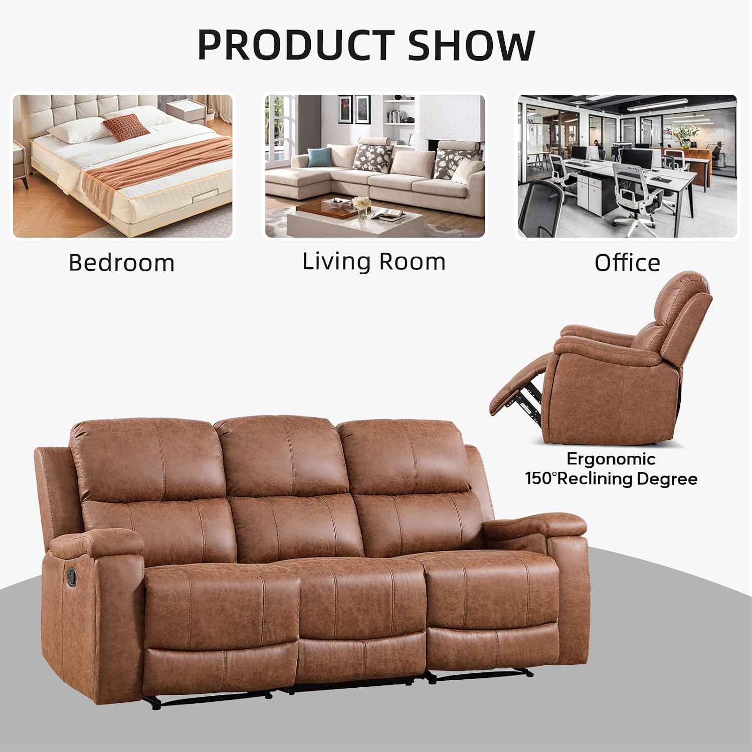 EBELLO Faux Leather Manual Reclining Sofa, 3 Seat Recliner Sofa with Cup Holders, Couch Furniture for Meeting Room, Brown