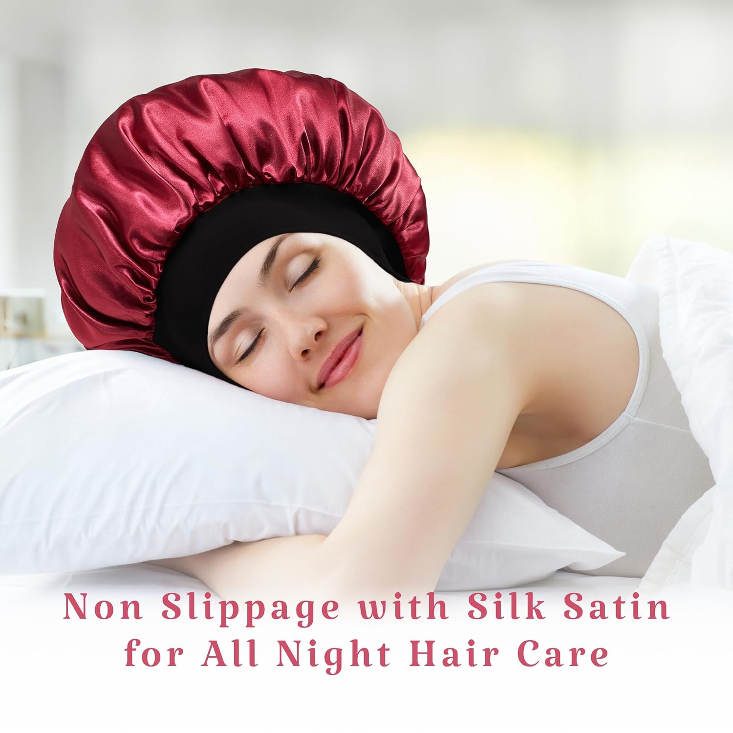 2pcs Double Layer Two-Color Satin Silk Hair Bonnet for Sleeping Women, Reversible Sleep Bonnets for Women, Wide Band Sleep Cap for Curly Hair Braids - Image 6