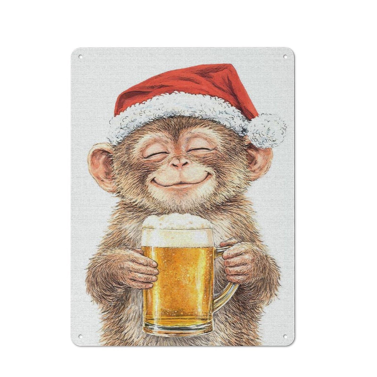 Junmoney Style-1 Monkey In Santa Hat With Beer Urban Metal Wall Decor 40X30cm, Metal Wall Art Sign For Loft, Studio, Office Or Creative Room