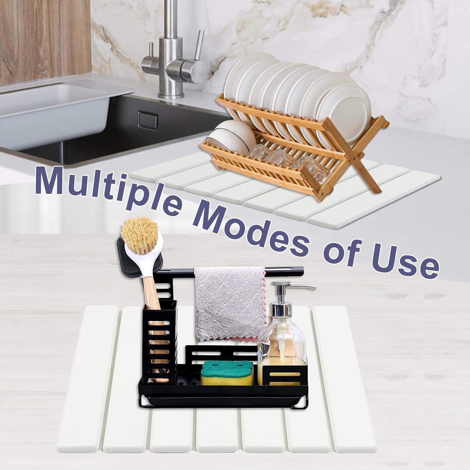 Lot de 2 tapis de séchage en pierre pour comptoir de cuisine, tapis de séchage à vaisselle pliables, séchage rapide et super absorbant, tapis en terre de diatomite pour égouttoir à vaisselle