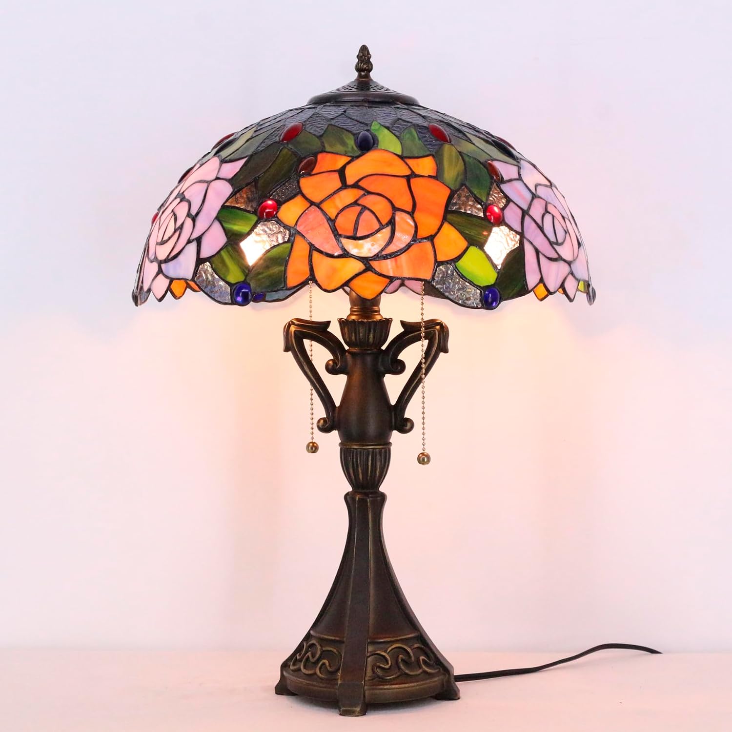Tiffany Table Lamp 24 Inch High Antique Stained Glass Purple Orange Rose Flower Desk Reading Light Wide 16 Inch for Bedroom Living Room Home Office