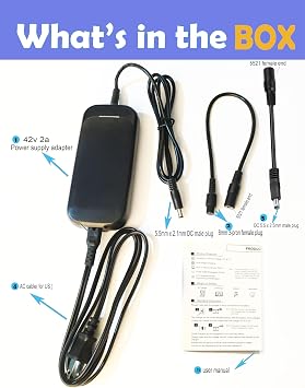 36V 2A Battery Charger with 3 Plugs 2.1mm 2.5mm DC Plug and 8mm 3-Prong Female Connector for Lithium Battery, 42V Fast Smart Power Adapter Replacement for All Brands 36 Volt Device