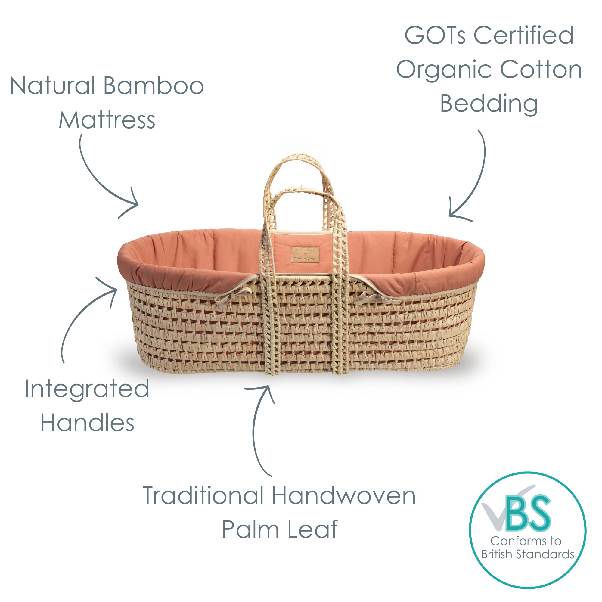 Clair de Lune Couffin en Palmier Bio - Lauréat du Prix d'or - avec Habillage Biologique, Matelas en Bambou Naturel et Drap de couffin Doux de 75 x 28 cm (Orange Rouille)