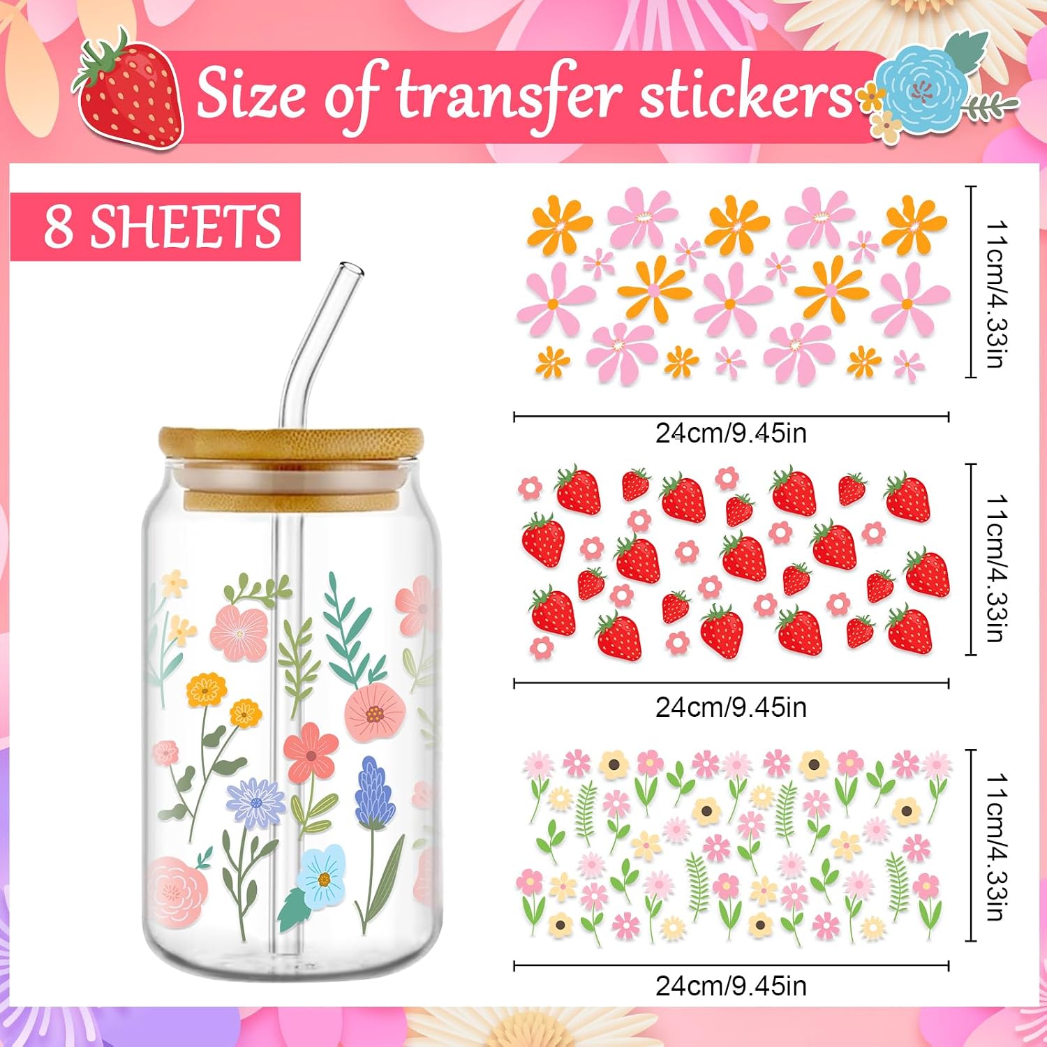 Rngmsi 8 Sheets Flower UV DTF Cup Wraps for 16 oz, Cold UV DTF Stickers